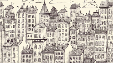 A drawing of a cityscape with many buildings and windows