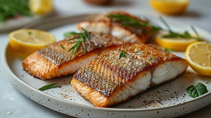  White plate with fish, lemon wedges and green garnish