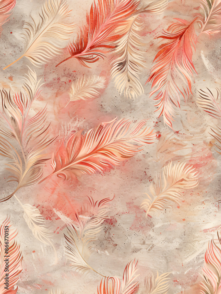 Poster Seamless pattern with feathers floating on a textured background, in orange and beige tones