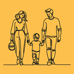 Happy family in continuous line art drawing style.