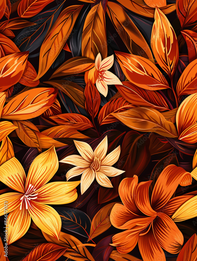 Poster tropical design featuring exotic flowers and leaves in a dark and moody seamless pattern