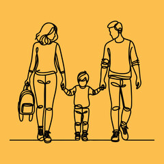 Happy family in continuous line art drawing style.