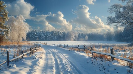 Serene winter landscape with a snow-covered road, wooden fence, and frosty trees under a vibrant blue sky with fluffy clouds.