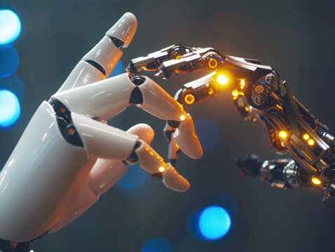 The human finger delicately touches the finger of a robot's metallic finger. Concept of harmonious coexistence of humans and AI technology,