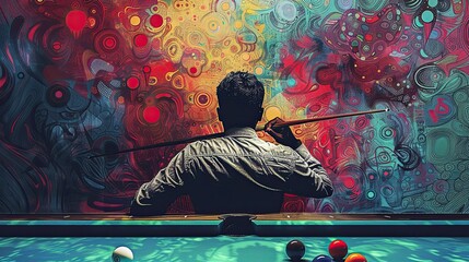 A man playing pool, holding a cue stick, set against a vibrant, abstract background filled with swirling colors and patterns.
