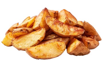 Fried Potato. Pile of Baked Potato Wedges Isolated on White Background