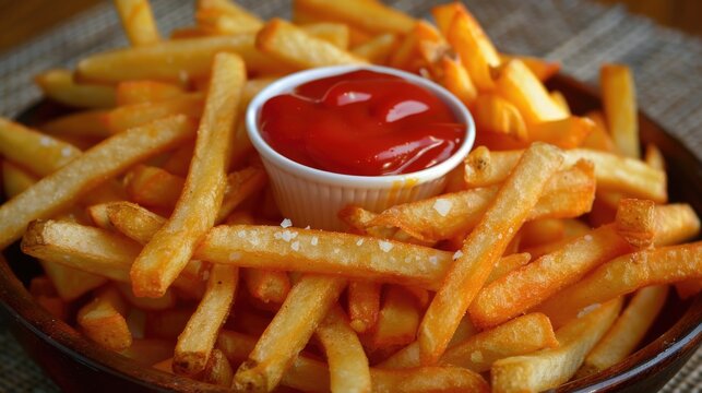 Frites. French Fries Fast Food: Potato Snack with Piquant Ketchup Served with Salt