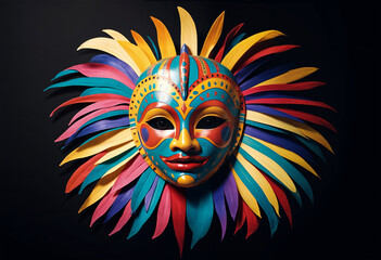 a colorful hispanic traditional mask with feathers on it