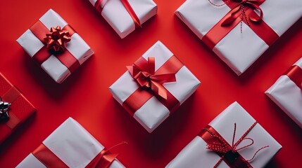 White Gift Boxes with Red Ribbons on a Red Background are great for Christmas, birthdays, and anniversaries