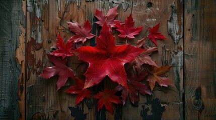 Obraz premium Star shape created with red autumn leaves against a brown wooden backdrop