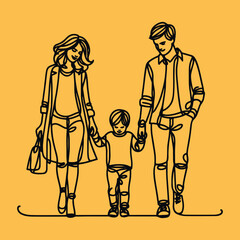 Happy family in continuous line art drawing style.