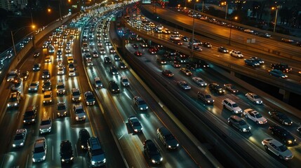 Aerial night shot of freeway with packed cars, glowing headlights, urban traffic