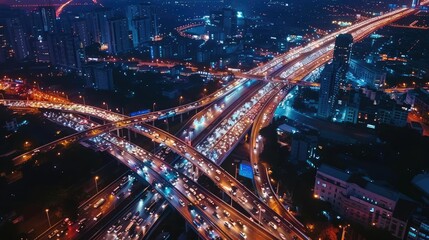 Nighttime aerial shot of busy urban roads, glowing headlights and taillights, city traffic