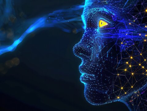 Side view of a humanoid head with blue and yellow eyes and vibrant neon neural network, representing futuristic technology and artificial intelligence. Generative AI