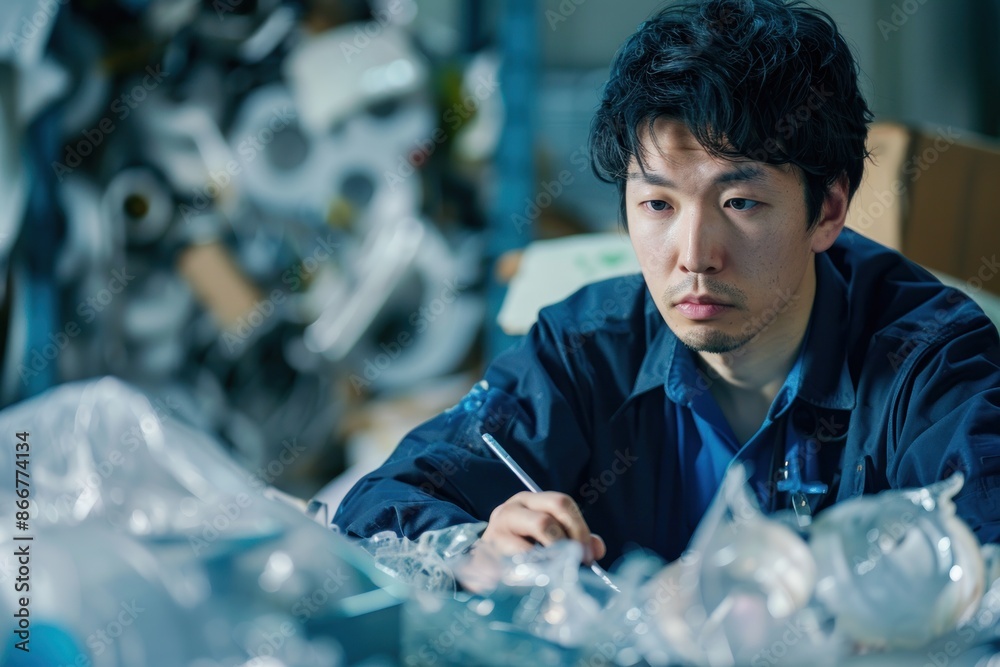 Wall mural Portrait of a Japanese engineer designing a new recycling system, high detail, photorealistic, focused expression, studio lighting