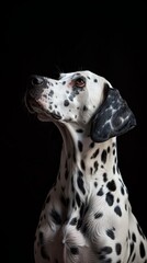 Dalmatian dog portrait with black background, studio shot, expressive focus