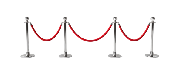 stanchions with red velvet ropes isolated on transparent background 