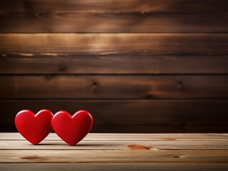 Fototapeta premium Romantic Red Wooden Hearts on Rustic Wooden Boards Background for Valentine's and Love Concepts. Generative AI