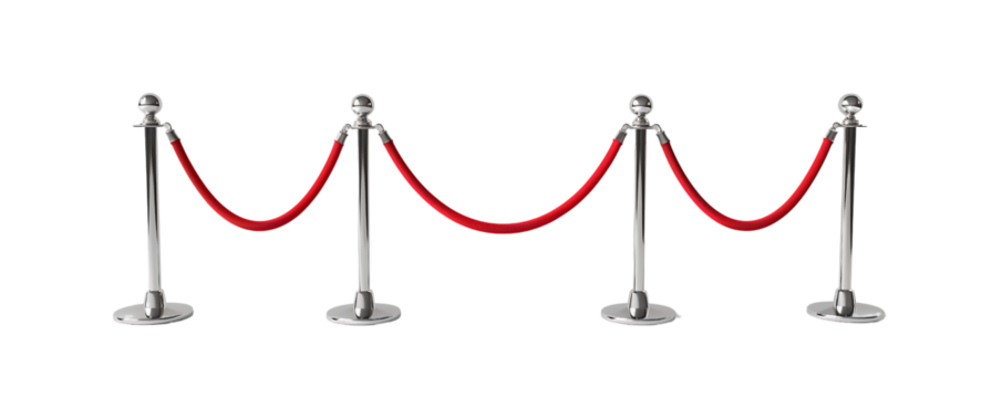 stanchions with red velvet ropes isolated on transparent background 