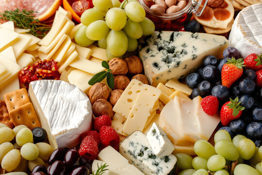 Close-up of a luxurious cheese board, featuring a variety of cheeses such as brie, cheddar, blue cheese, and gouda, surrounded by fruits, nuts, and crackers, perfect for National Cheese Lover Day - Powered by Adobe