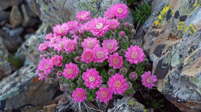 A bunch of pink flowers are growing on a rock. Generate AI image