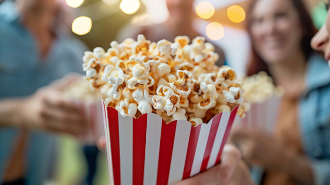 Outdoor festival setting, popcorn stands with bags of freshly popped corn being served to smiling visitors, celebrating National Popcorn Day with community spirit