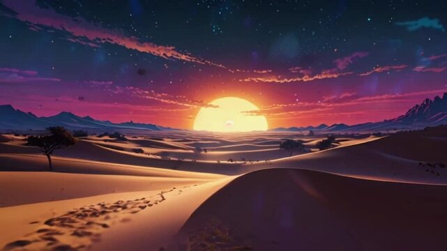 A surreal desert landscape where the sand dunes are made of shimmering, golden dust. Mirages reveal hidden oases with magical fountains, and the sky is filled with floating lanterns and celestial patt