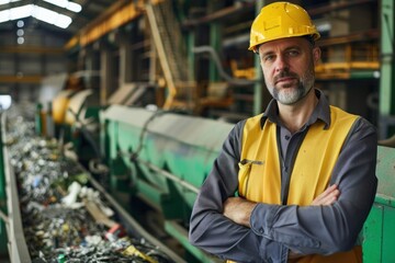 Portrait of a European technician inspecting recycling machinery in a waste management facility, high detail, photorealistic, well-lit setting, engaged atmosphere