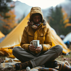 landscape with mountains, trees and moon. Camping in the woods. Camper on the road. Travel concept. Isolated white background