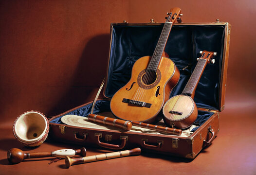 a case with traditional hispanic musical instruments