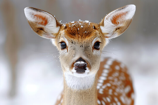 photo portrait d'une jolie petite biche sous la neige