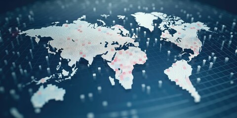 Digital world map with glowing cyber data points on dark blue background. Global connectivity and internet technology concept. Design for network, communication, technology innovation theme. AIG35.