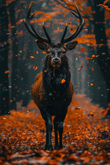 Photo d'un grand cerf brun dans une forêt en automne, feuilles oranges qui tombent