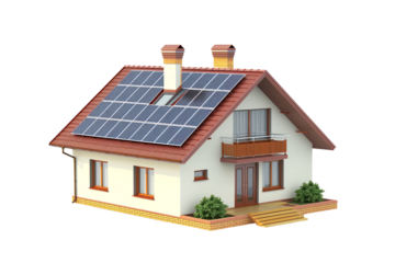 minimalist house with solar panels isolated on transparent background, 3D