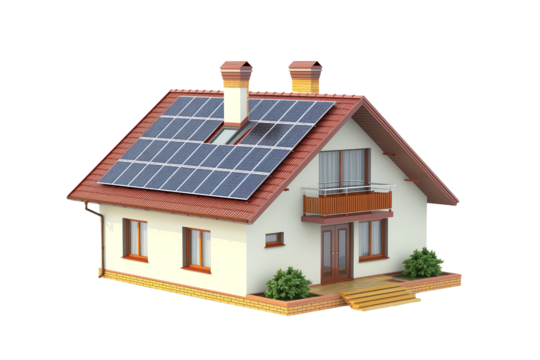 minimalist house with solar panels isolated on transparent background, 3D - Powered by Adobe