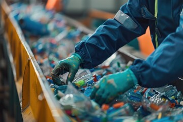 Close-up of a technician's hands checking the quality of recycled products, high detail, photorealistic, focused action, bright environment