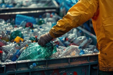 Close-up of an employee's hands unloading recyclable materials, high quality photo, photorealistic, precise action, studio lighting