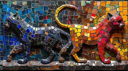   A colorful mosaic of a lion and a monkey adorns the side of the building, featuring a variety of vibrant tiles