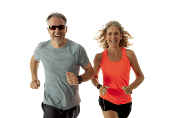 Happy middle aged couple jogging isolated on transparent background