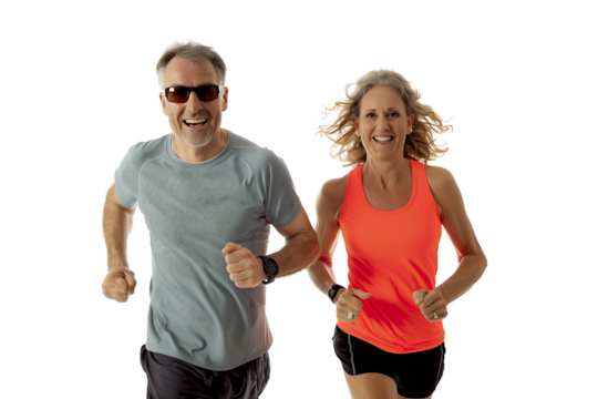 Happy middle aged couple jogging isolated on transparent background - Powered by Adobe