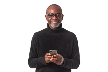 happy mature black man standing scrolling on her phone isolated on transparent background