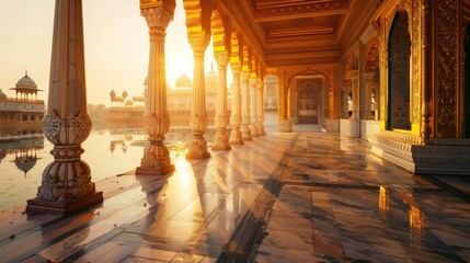 A long hallway with pillars and a large body of water in the background. Generate AI image