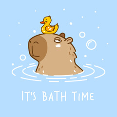 Cute сartoon capybara swimming with bath duck  - funny animal for Your design