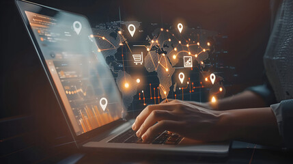 Digital marketer on laptop with world map, social media icons, and marketing dashboard, highlighting global connectivity and impact
