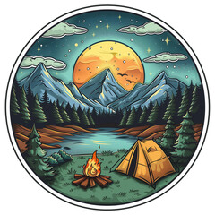 landscape with mountains, trees and moon. Camping in the woods. Camper on the road. Travel concept. Isolated white background