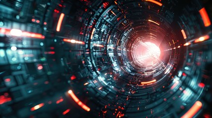 Obraz premium Futuristic Digital Tunnel with Glowing Red and Blue Lights in a High-Tech Environment