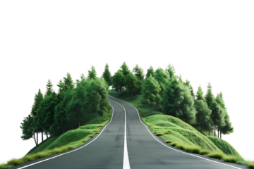 asphalt road going up to the top of green forest isolated on transparent background