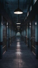 Dimly lit prison corridor with iron bars and overhead lamps, haunting atmosphere