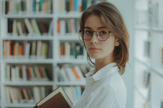woman wearing glasses holding a book in a library with bookshelves in the background