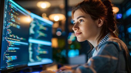A young female programmer analyzes code on her computer, her focused expression highlighted by the soft glow of the monitor